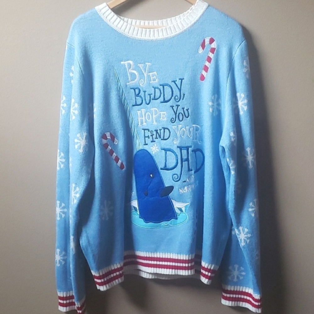 coolest ever blue red white Christmas sweater buddy narwal 2x
